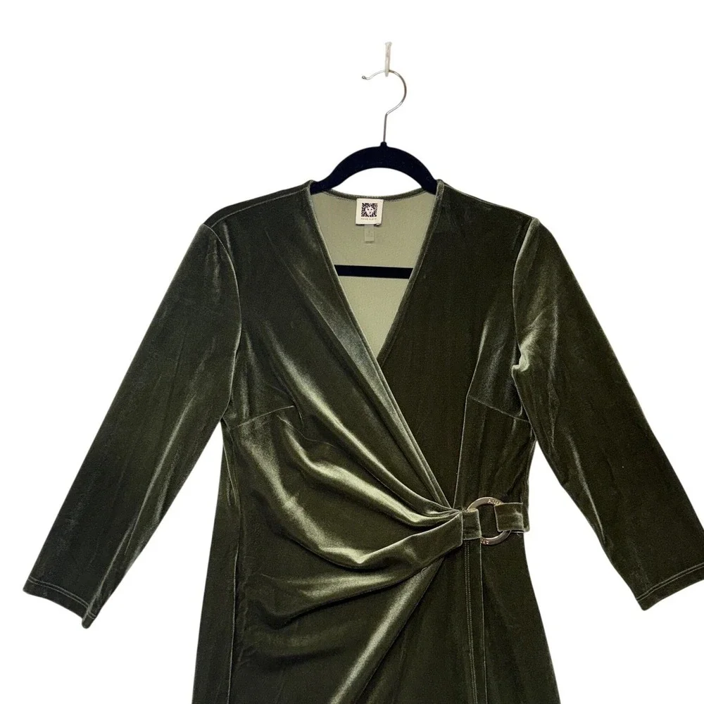 Anne Klein Womens Green Velvet Wrap Dress 3/4 Sleeve Buckle Detail Knee Length 6